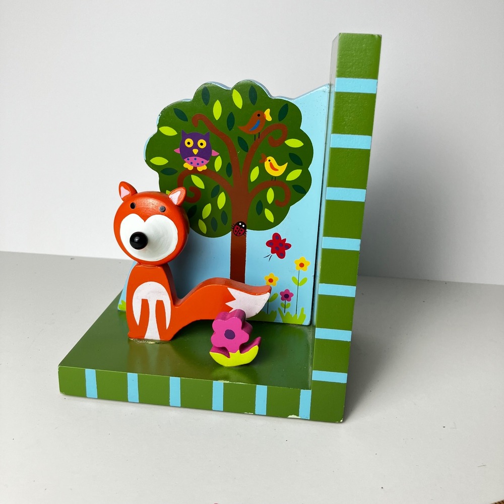 Handmade Wooden Fox Forest Bookend 6.5in Green Orange Whimsical Nursery Decor